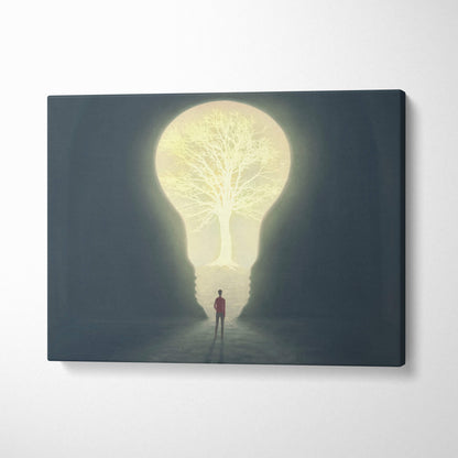 Contemporary canvas wall art featuring a glowing light bulb with a luminous tree inside for modern office decor