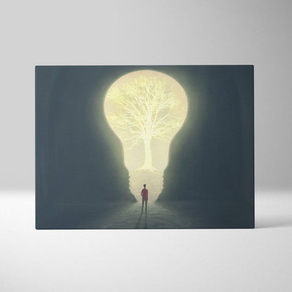 Contemporary rectangular canvas print featuring a dark tunnel with a glowing tree silhouette inside a light bulb