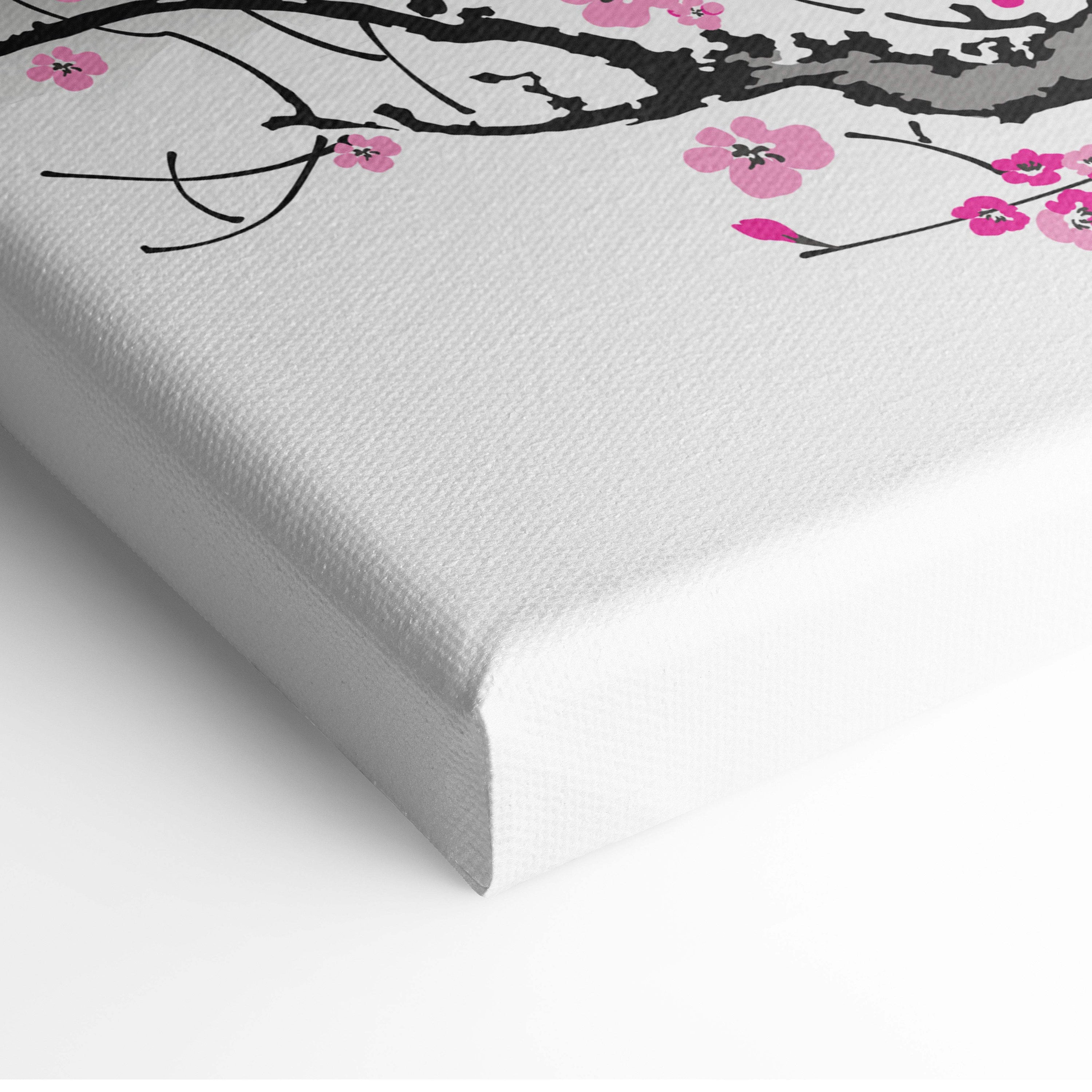 White canvas print of stylized pink cherry blossom branch in japanese ink painting style for wall decor
