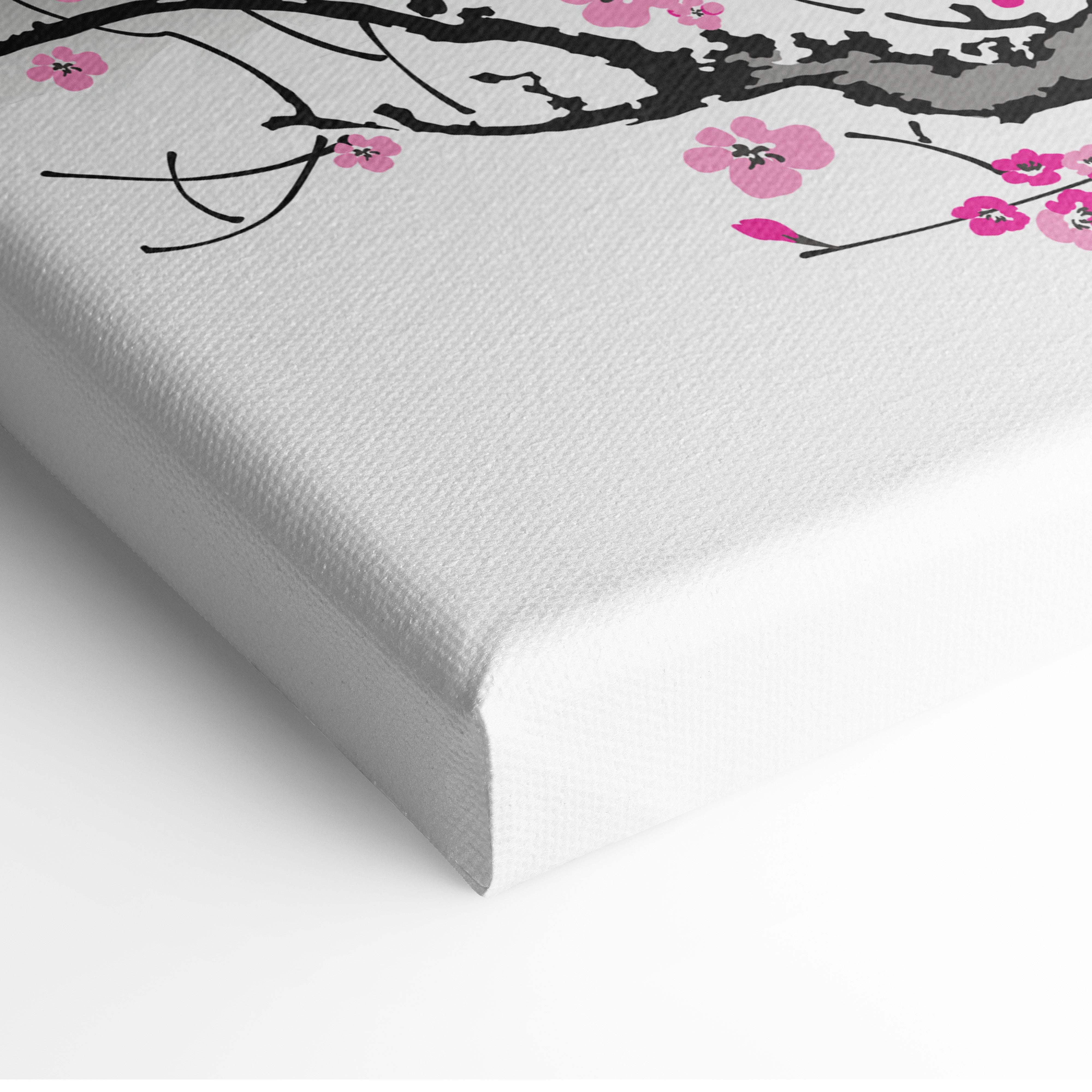 White canvas print of stylized pink cherry blossom branch in japanese ink painting style for wall decor