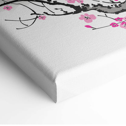 White canvas print of stylized pink cherry blossom branch in japanese ink painting style for wall decor