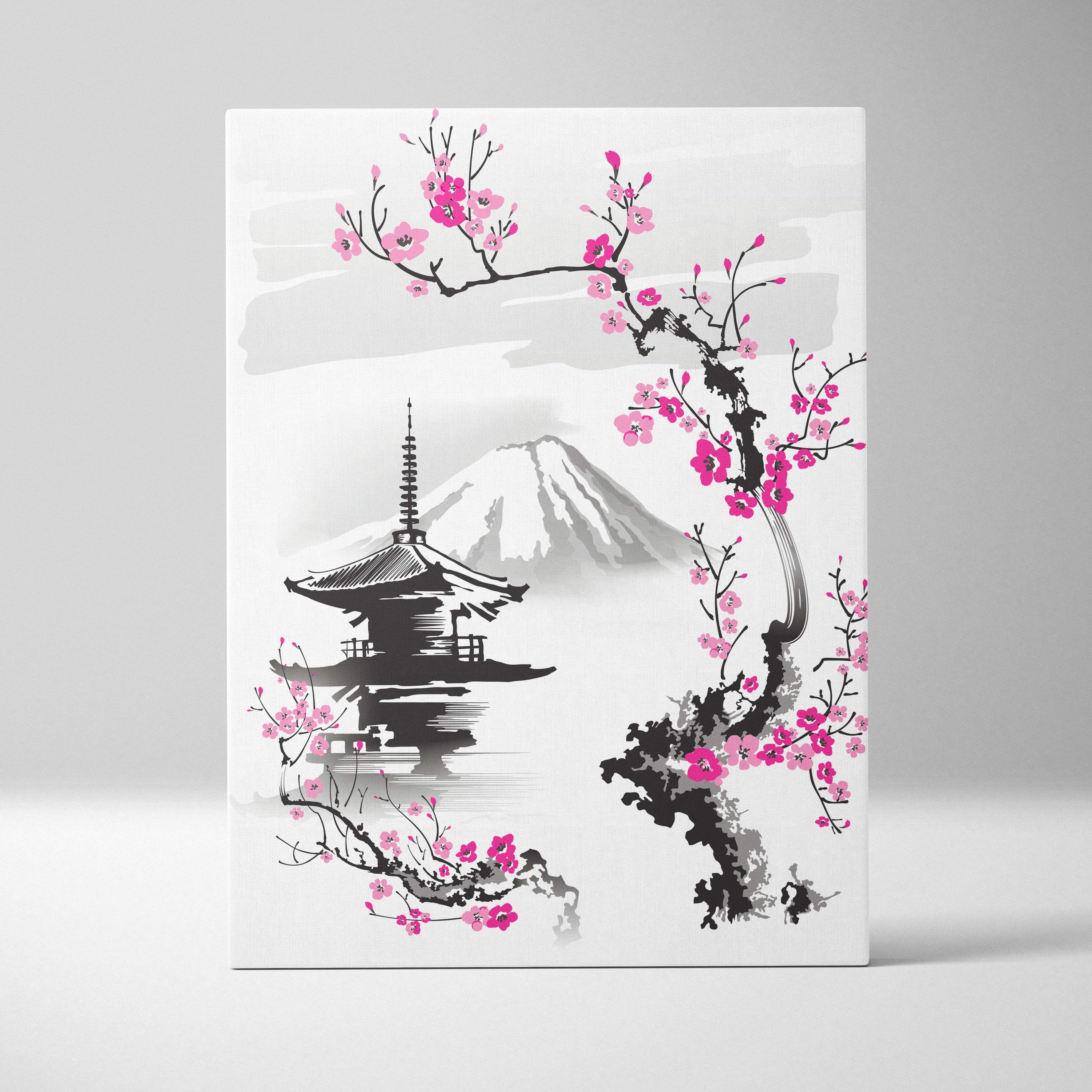 Rectangular canvas print featuring a black ink and pink cherry blossom illustration with mount fuji and pagoda background