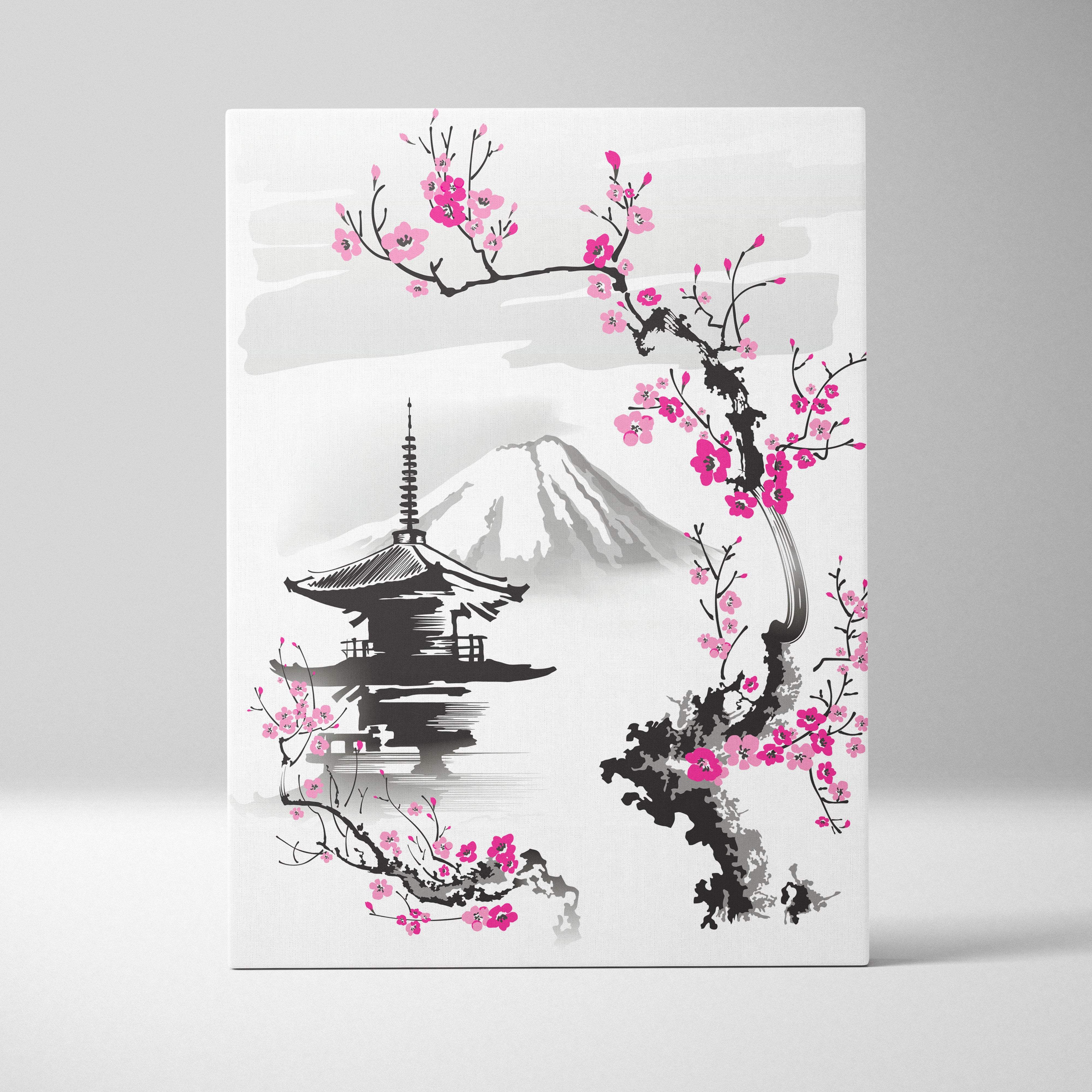 Rectangular canvas print featuring a black ink and pink cherry blossom illustration with mount fuji and pagoda background