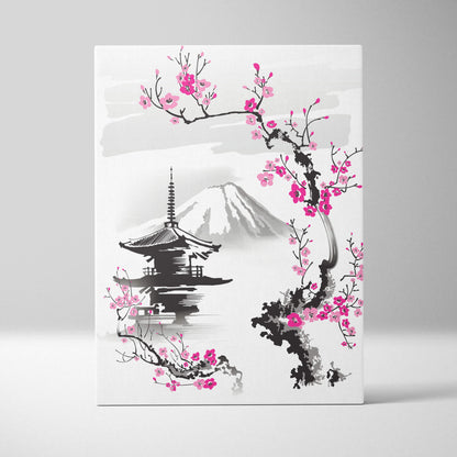 Rectangular canvas print featuring a black ink and pink cherry blossom illustration with mount fuji and pagoda background