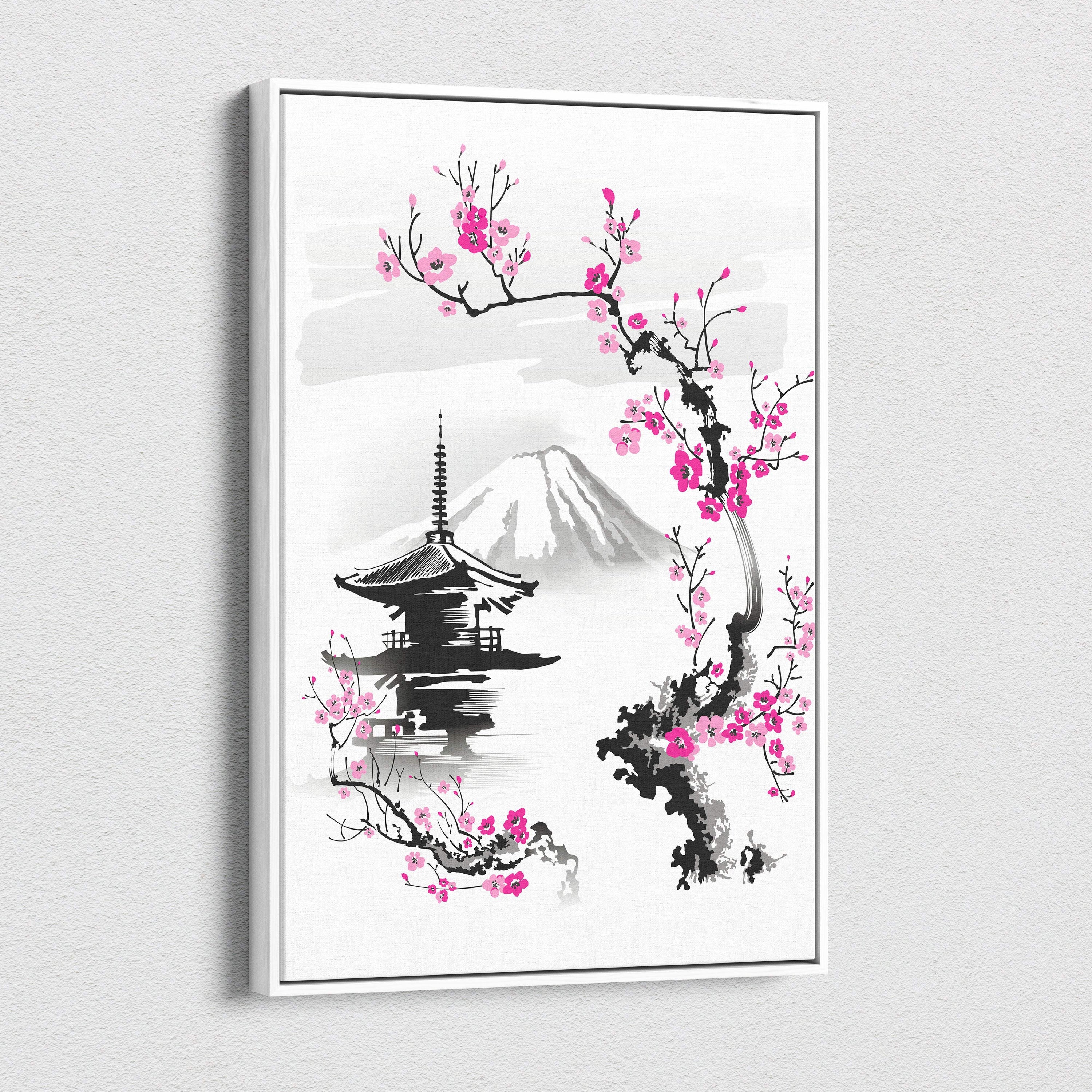 A framed canvas print featuring minimalist ink-wash mount Fuji, pink cherry blossoms, and a Japanese pagoda wall art