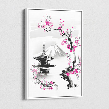 A framed canvas print featuring minimalist ink-wash mount Fuji, pink cherry blossoms, and a Japanese pagoda wall art