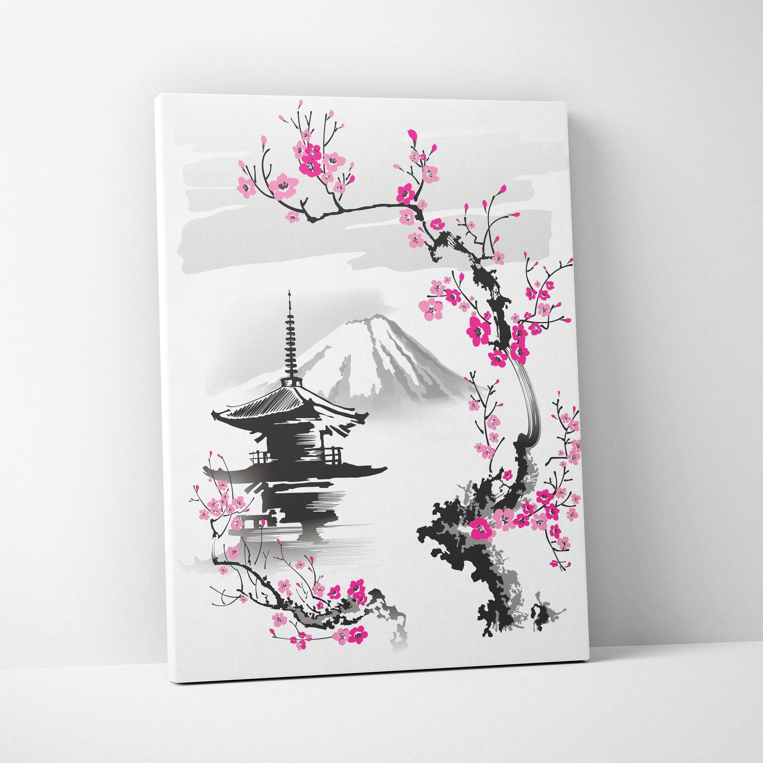 Rectangular canvas wall art featuring black ink and pink cherry blossom illustration with mount fuji background