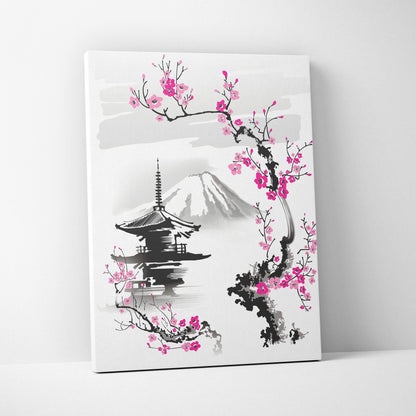 Rectangular canvas wall art featuring black ink and pink cherry blossom illustration with mount fuji background