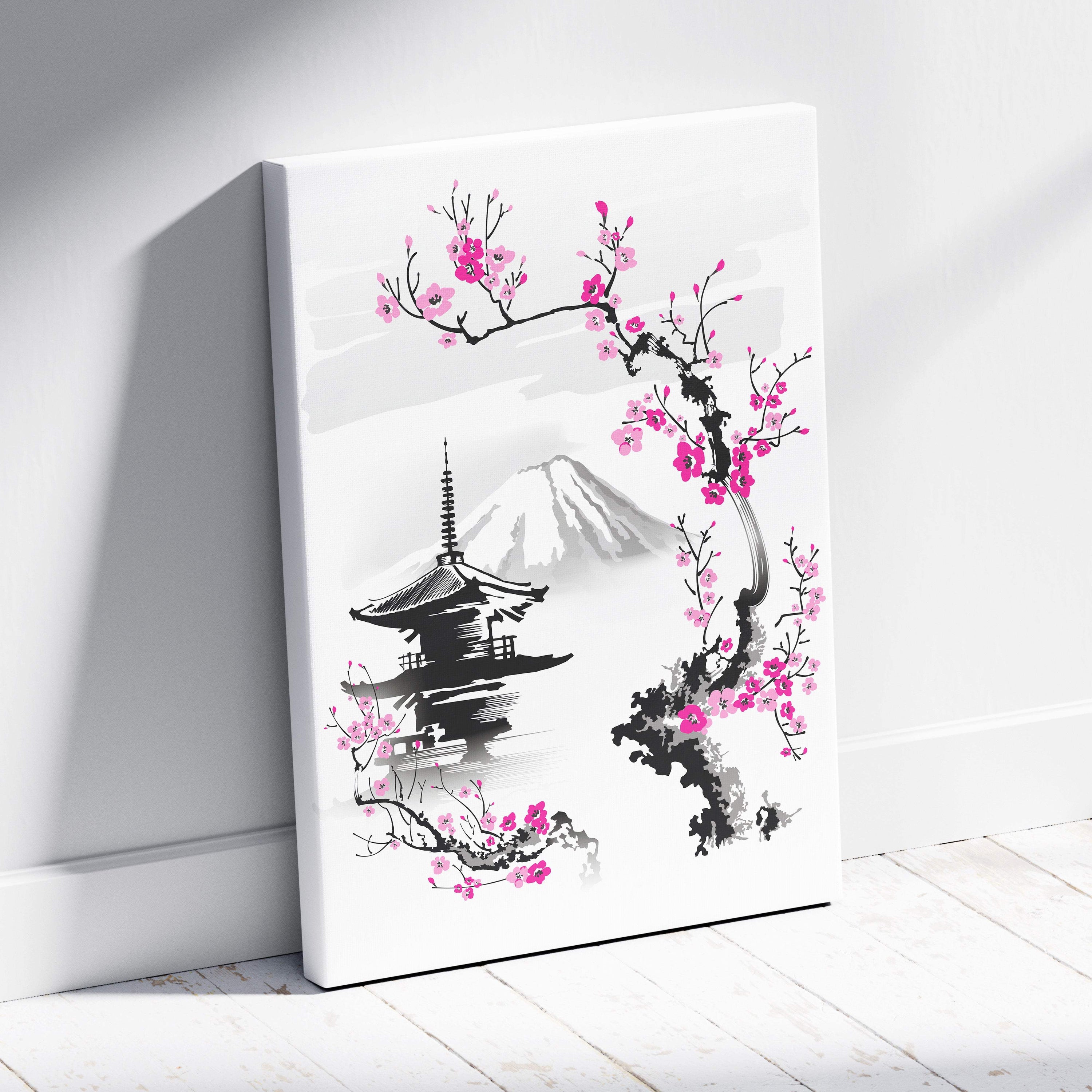 Minimalist canvas wall art featuring black ink and pink cherry blossom illustration with mount fuji background