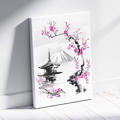 Minimalist canvas wall art featuring black ink and pink cherry blossom illustration with mount fuji background
