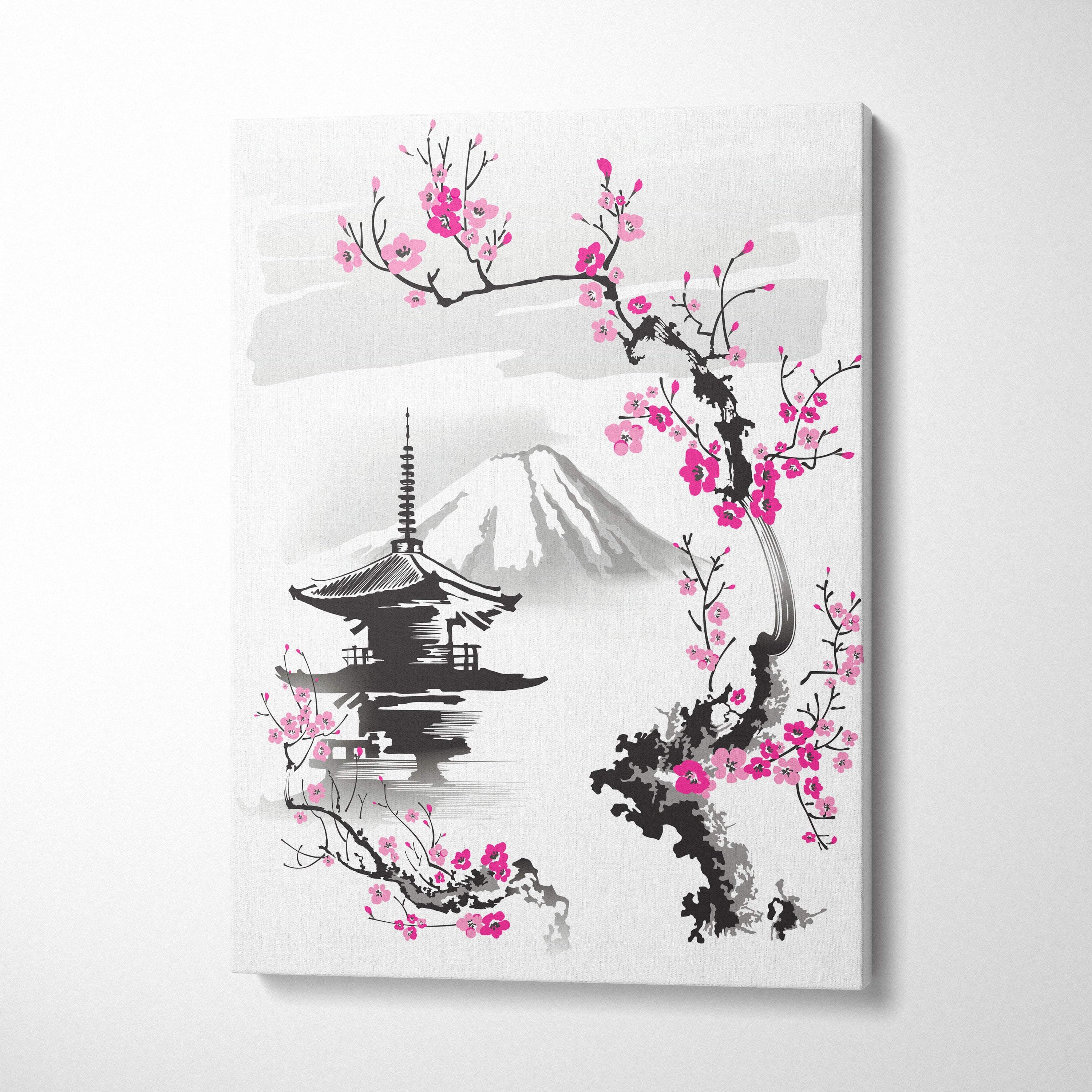 A framed canvas print of pink cherry blossoms with mount fuji and a japanese pagoda in ink wash style wall art