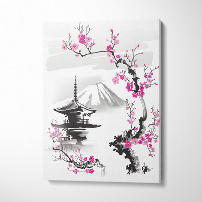 A framed canvas print of pink cherry blossoms with mount fuji and a japanese pagoda in ink wash style wall art