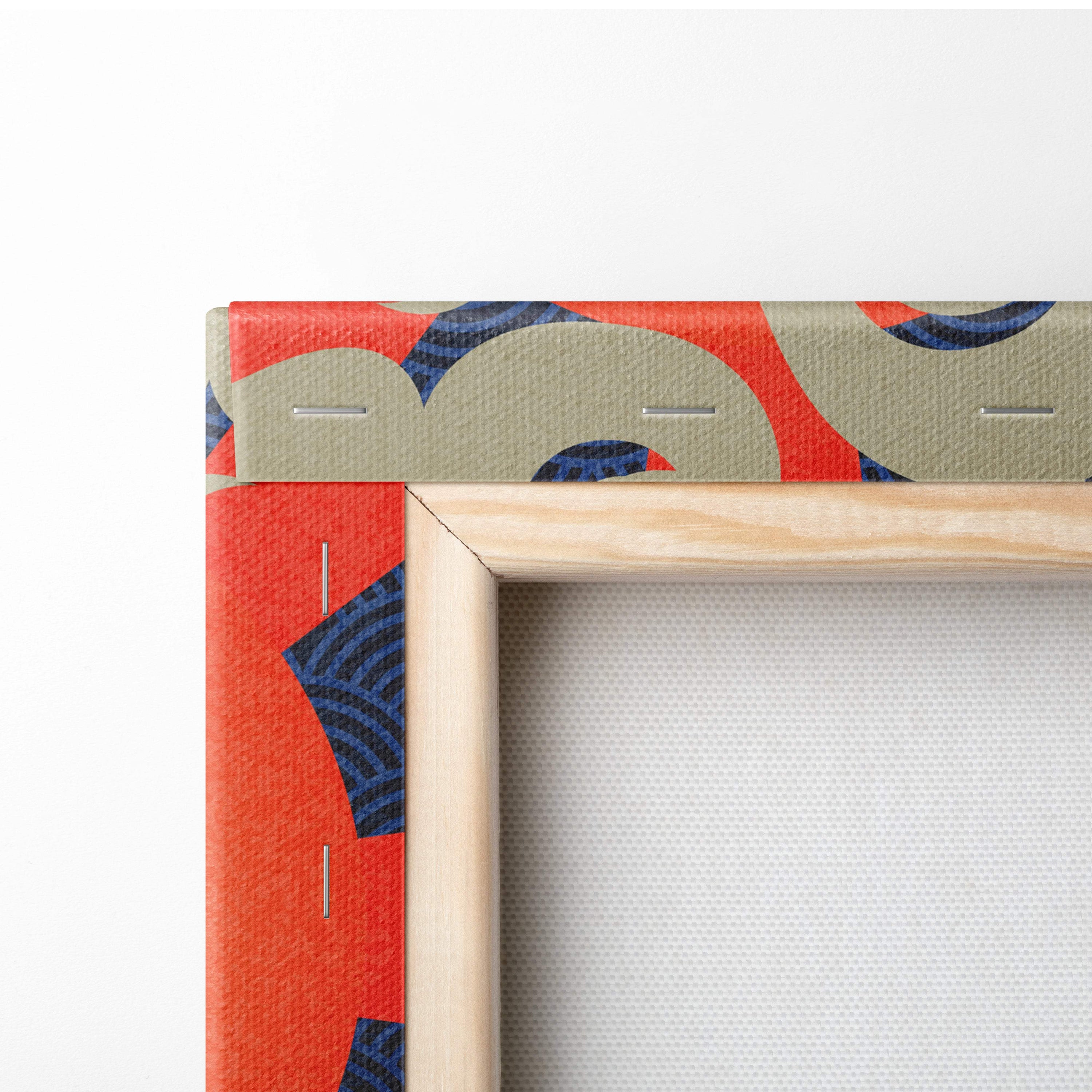 Japanese dragon tiger canvas wall art with vibrant red and navy blue circular patterns on textured fabric wrapped on light wood frame