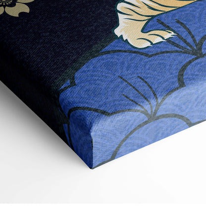 Blue and black canvas print featuring a stylized golden tiger with floral motifs in japanese dragon tiger wall art style