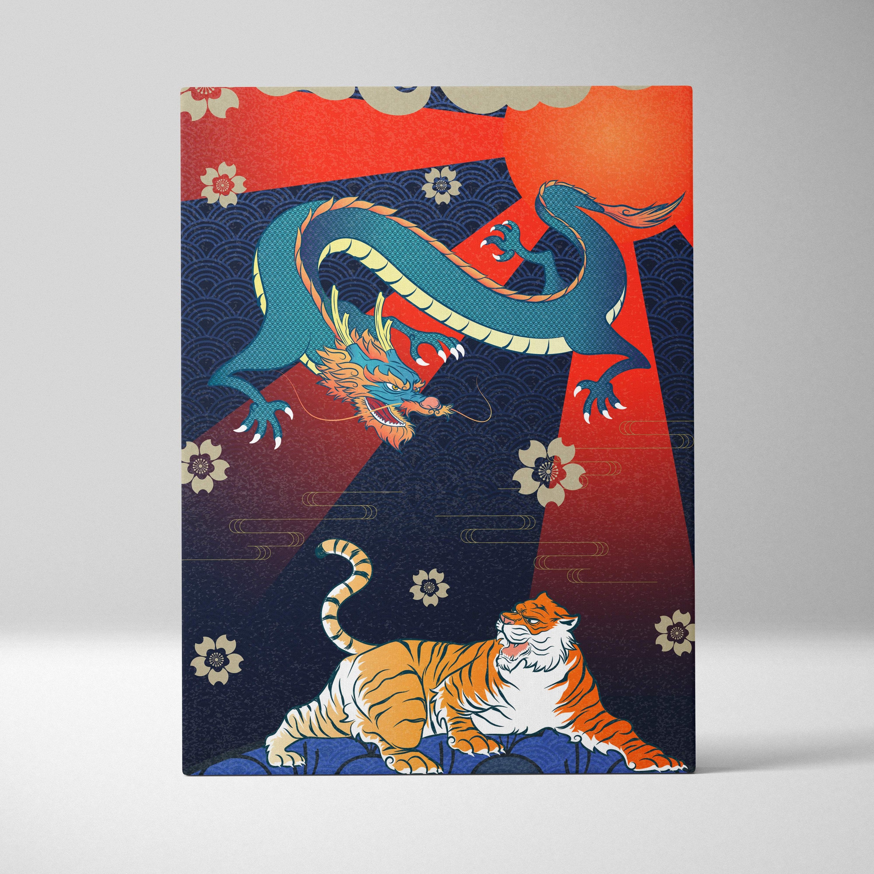 Vibrant japanese dragon tiger canvas wall art featuring teal dragon orange tiger on red-orange floral background
