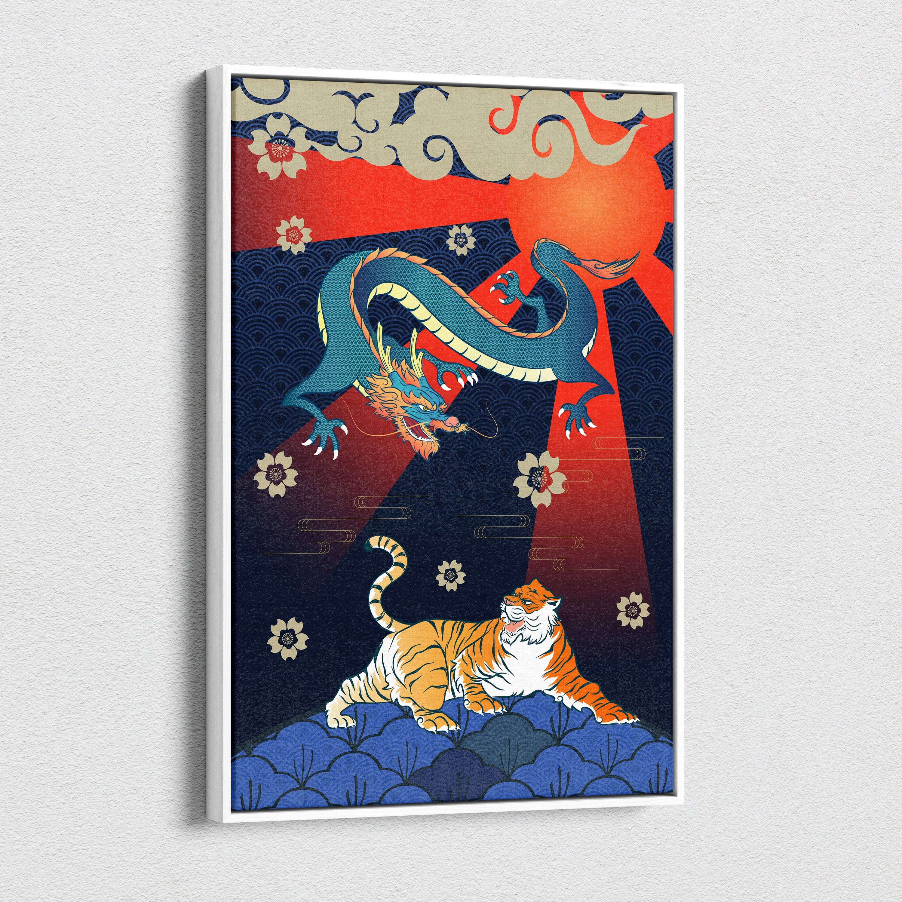 A framed Japanese dragon tiger canvas wall art with blue dragon orange tiger on red and navy floral background