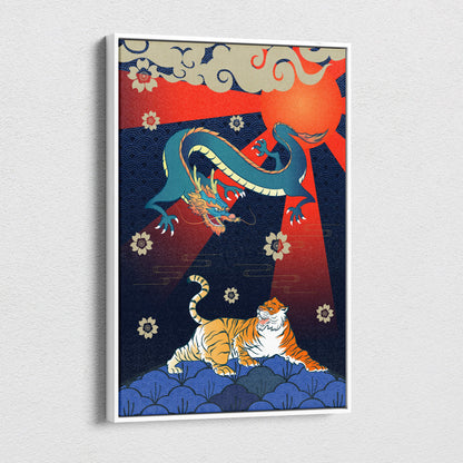 A framed Japanese dragon tiger canvas wall art with blue dragon orange tiger on red and navy floral background