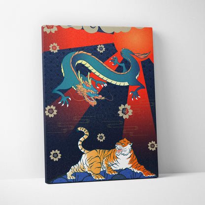 Japanese dragon tiger canvas wall art with vibrant blue dragon orange tiger and red sun floral motifs for living room decor