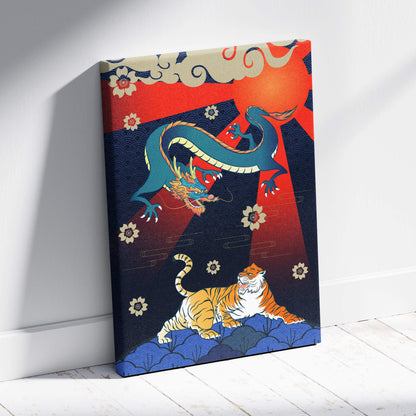 Japanese dragon tiger canvas wall art with teal dragon orange tiger on red navy and cream Japanese patterns for home decor