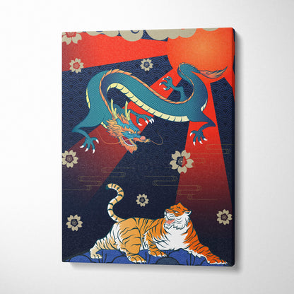 Japanese dragon tiger canvas wall art with vibrant blue orange dragon and detailed tiger in bold samurai style design