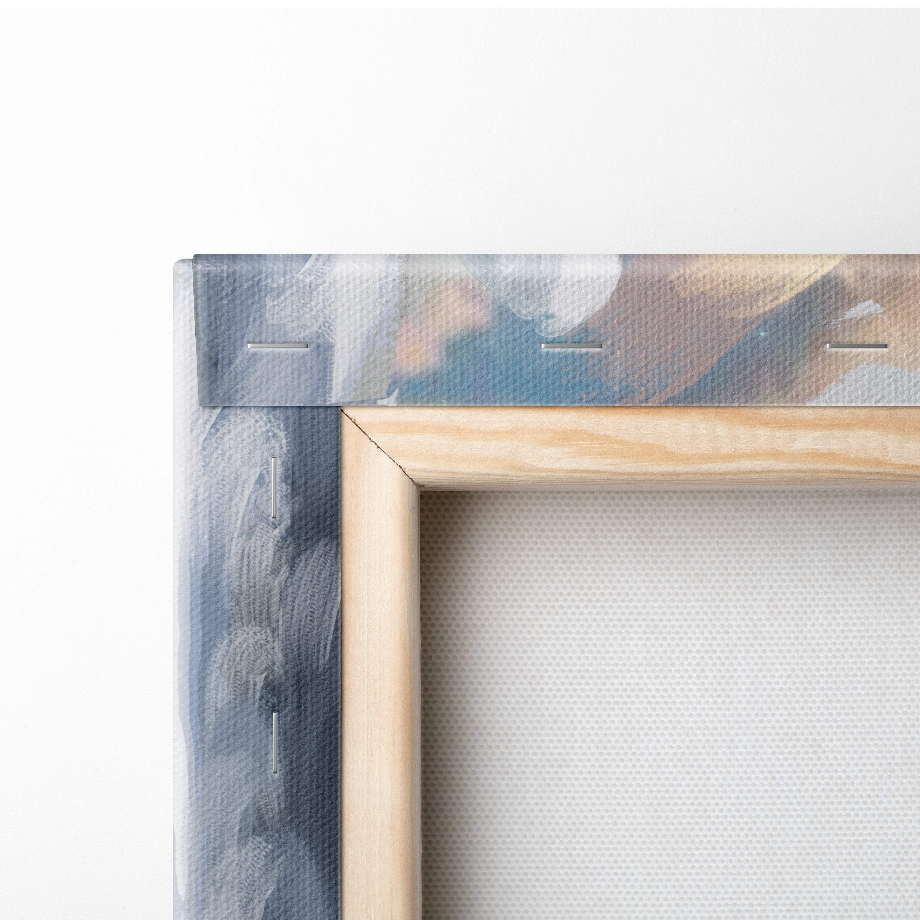 Light wood framed canvas art of celestial valkyrie warrior with silver armor in muted blues gray and beige tones