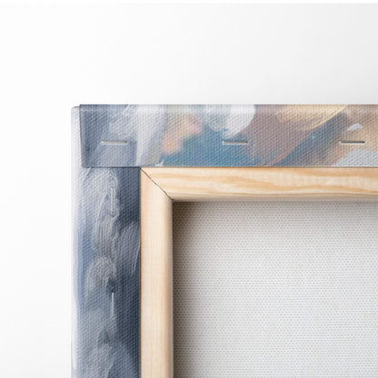 Light wood framed canvas art of celestial valkyrie warrior with silver armor in muted blues gray and beige tones