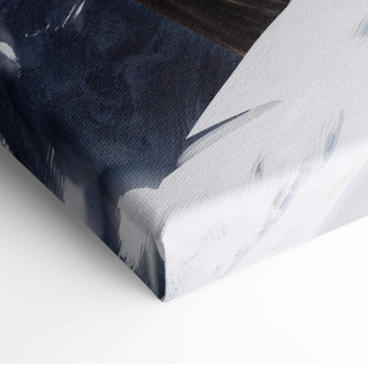 Canvas painting with bold navy blue and white brushstrokes featuring celestial valkyrie warrior in silver armor