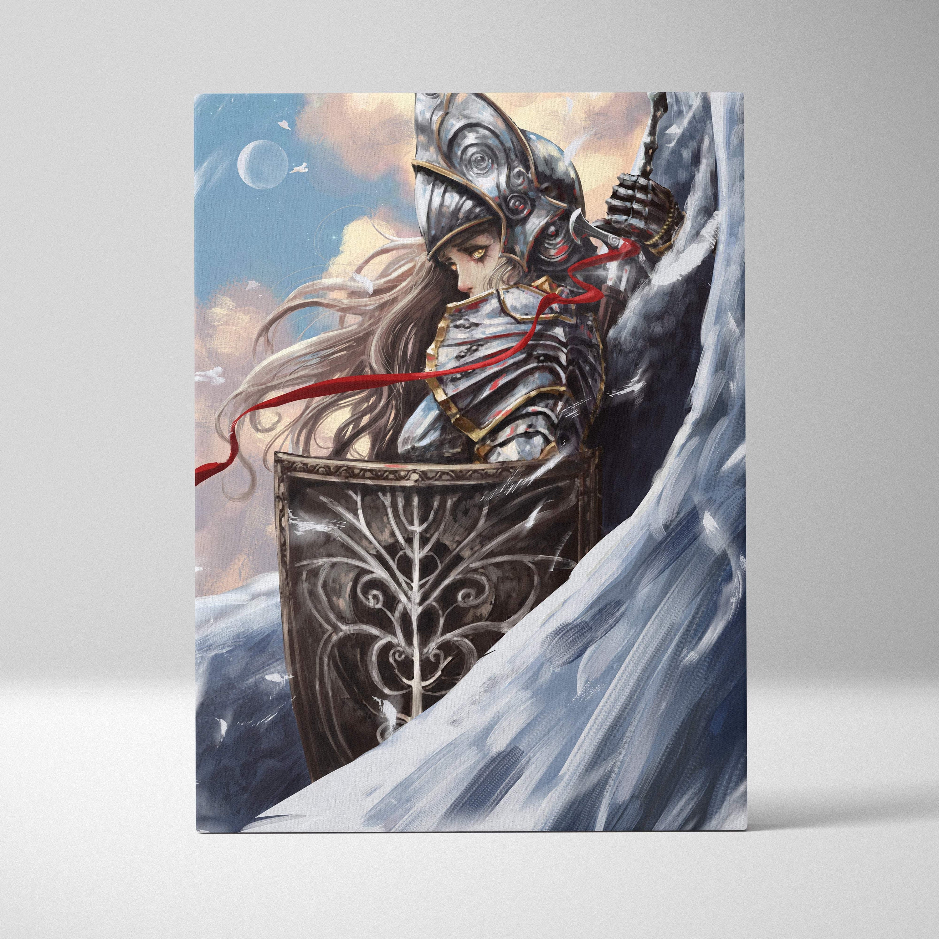 A female knight canvas art featuring ornate silver armor blonde hair and a dark intricately designed shield in a soft sky palette