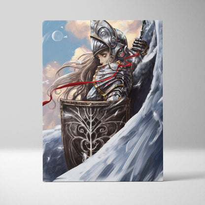 A female knight canvas art featuring ornate silver armor blonde hair and a dark intricately designed shield in a soft sky palette
