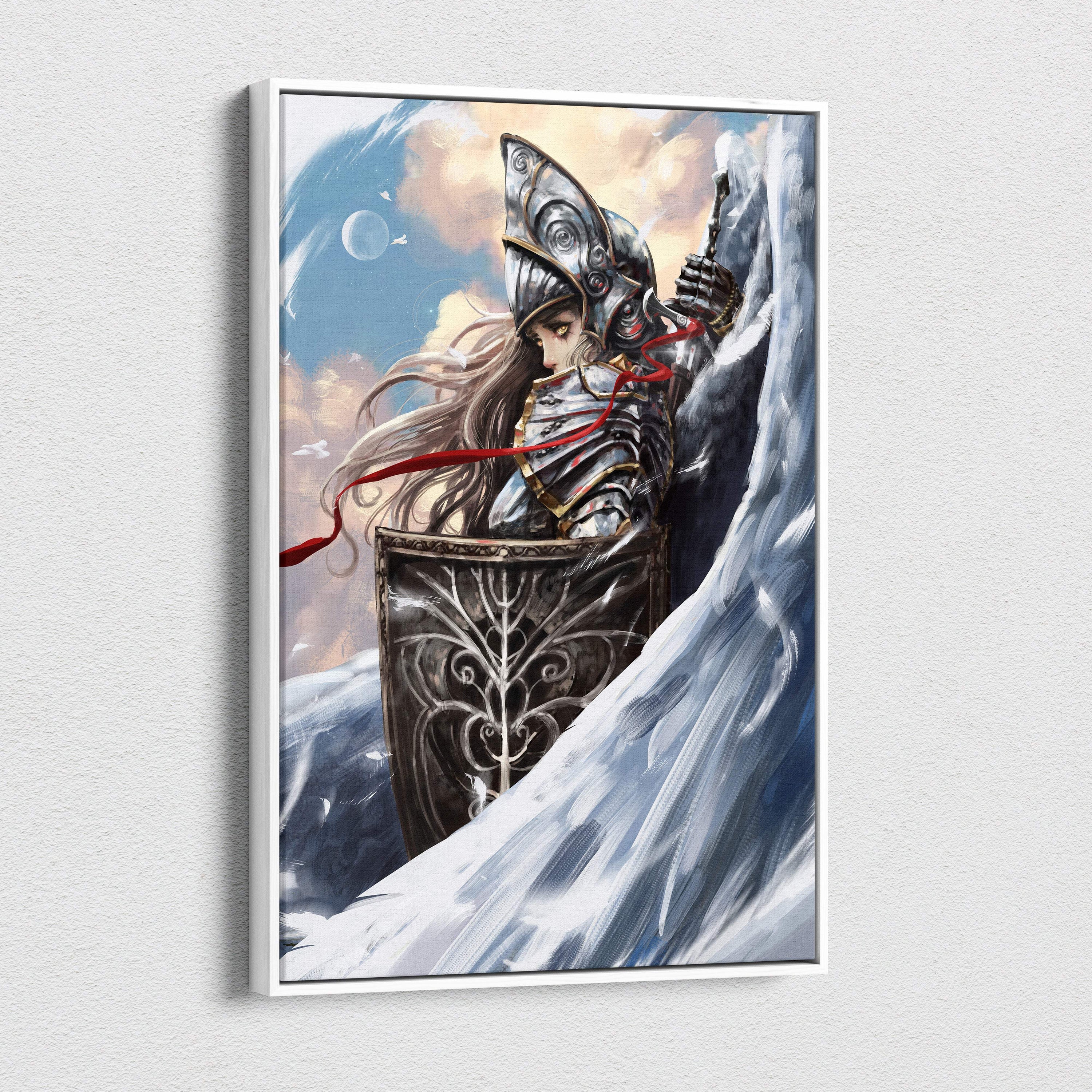 A framed celestial valkyrie warrior canvas art featuring a female knight in silver armor with a gold patterned shield