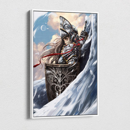 A framed celestial valkyrie warrior canvas art featuring a female knight in silver armor with a gold patterned shield