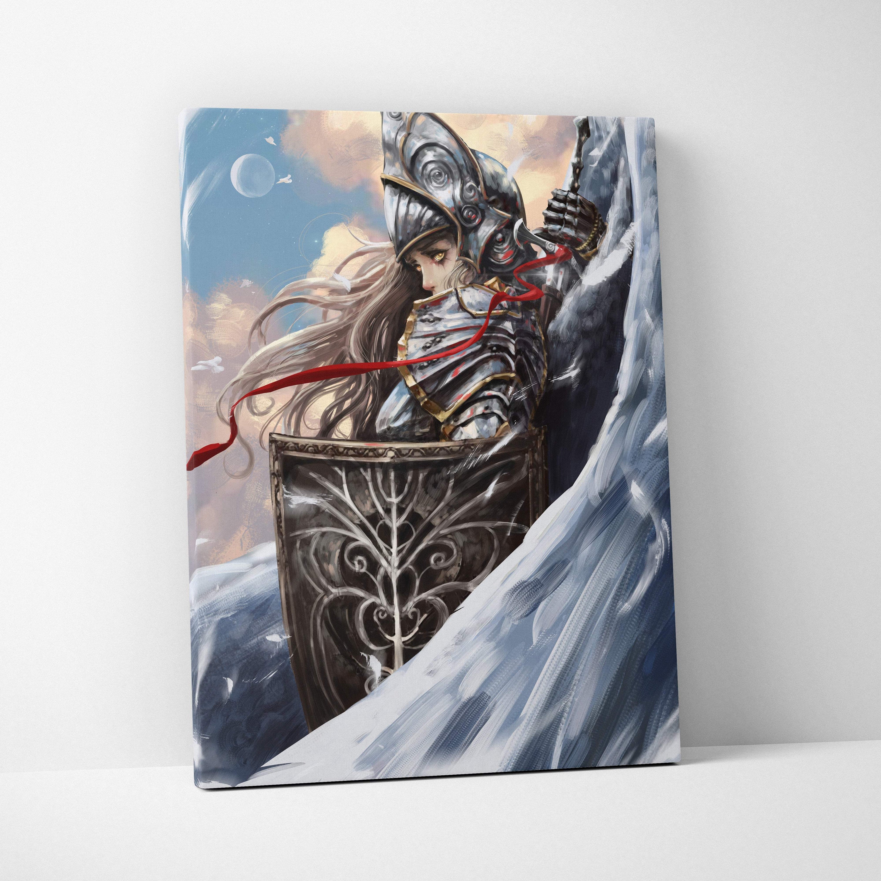 Rectangular canvas print of celestial valkyrie warrior in silver armor holding shield and sword with snowy mountain backdrop