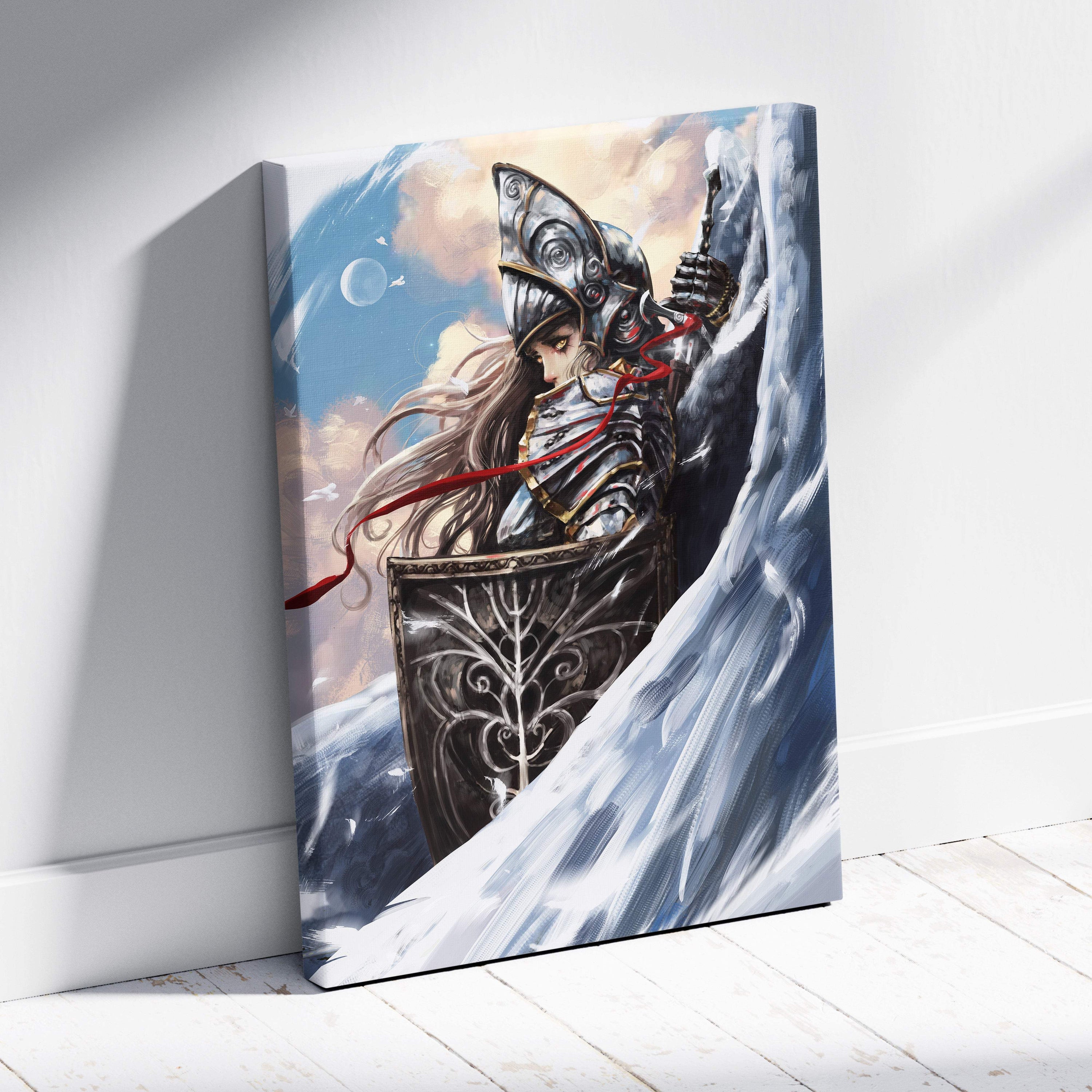 A framed canvas print of a female knight in ornate silver armor holding a shield and sword with stormy skies background