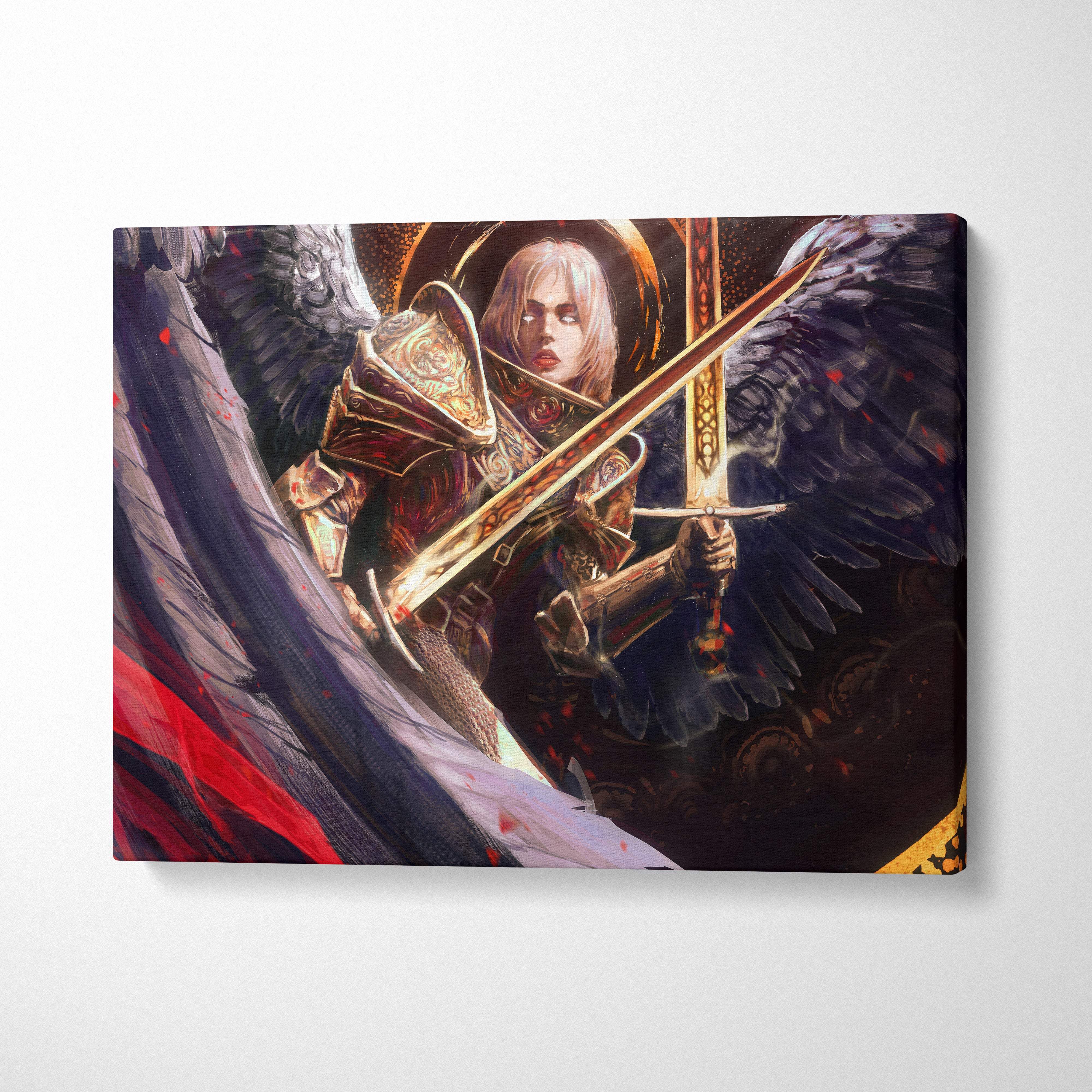 Dark angel warrior canvas art featuring a fantasy knight with dark wings and glowing sword on red black backdrop