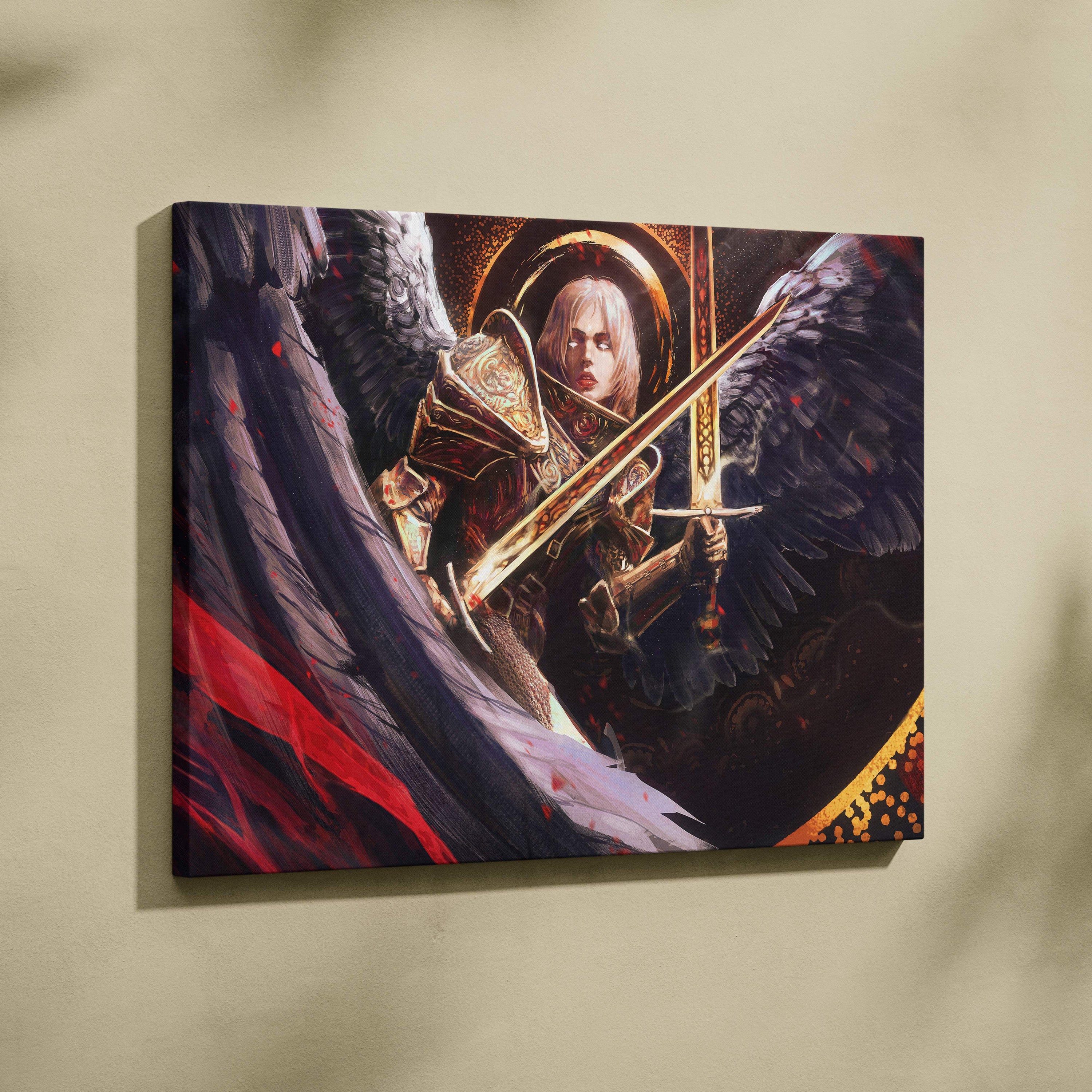 A framed canvas print of a dark angel warrior with black wings and gold armor holding a glowing sword on red streaks background
