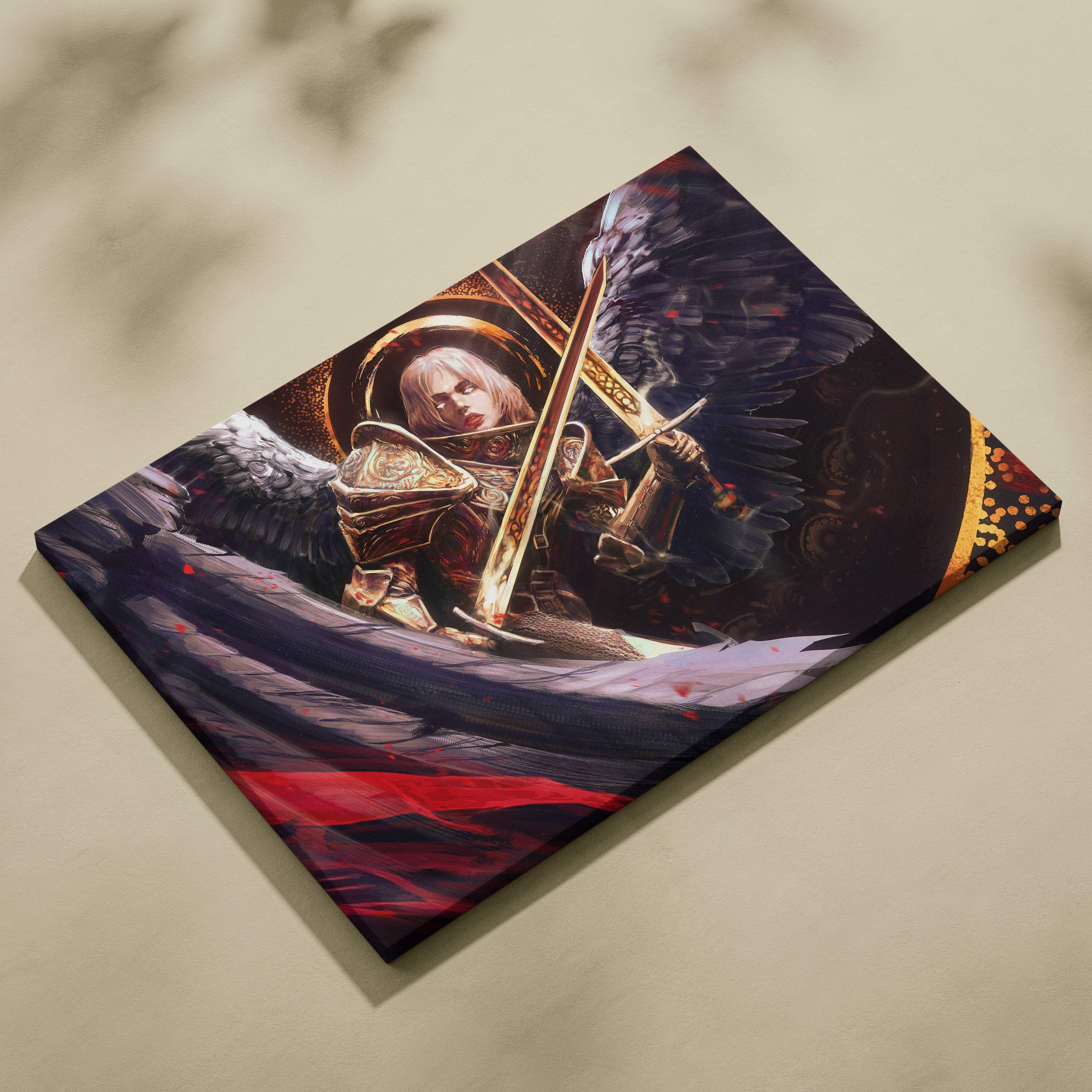 Rectangular canvas print of a dark angel warrior with black wings and ornate armor in red and black fantasy art