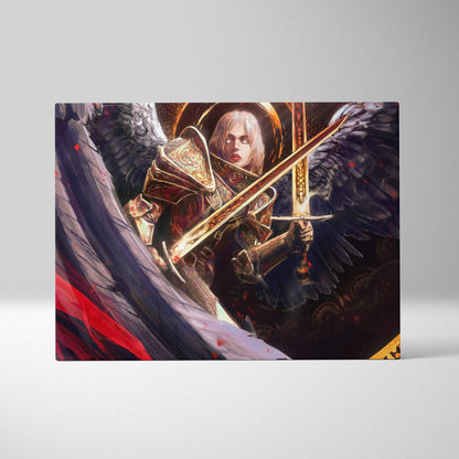 A rectangular canvas print of a dark angel warrior with white hair holding a detailed sword against black wings