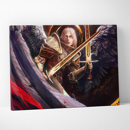 Dark angel warrior canvas art featuring a blonde fantasy knight with golden armor and black wings holding a sword