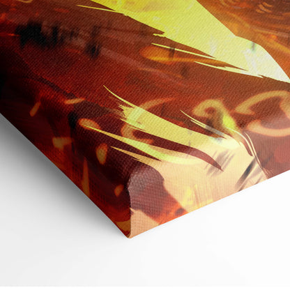 Infernal archangel warrior canvas art with bold deep red amber and golden yellow strokes in abstract fiery flame design