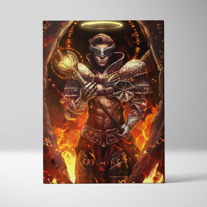 Rectangular canvas print of muscular armored infernal archangel warrior with golden wings halo and fiery red orange background