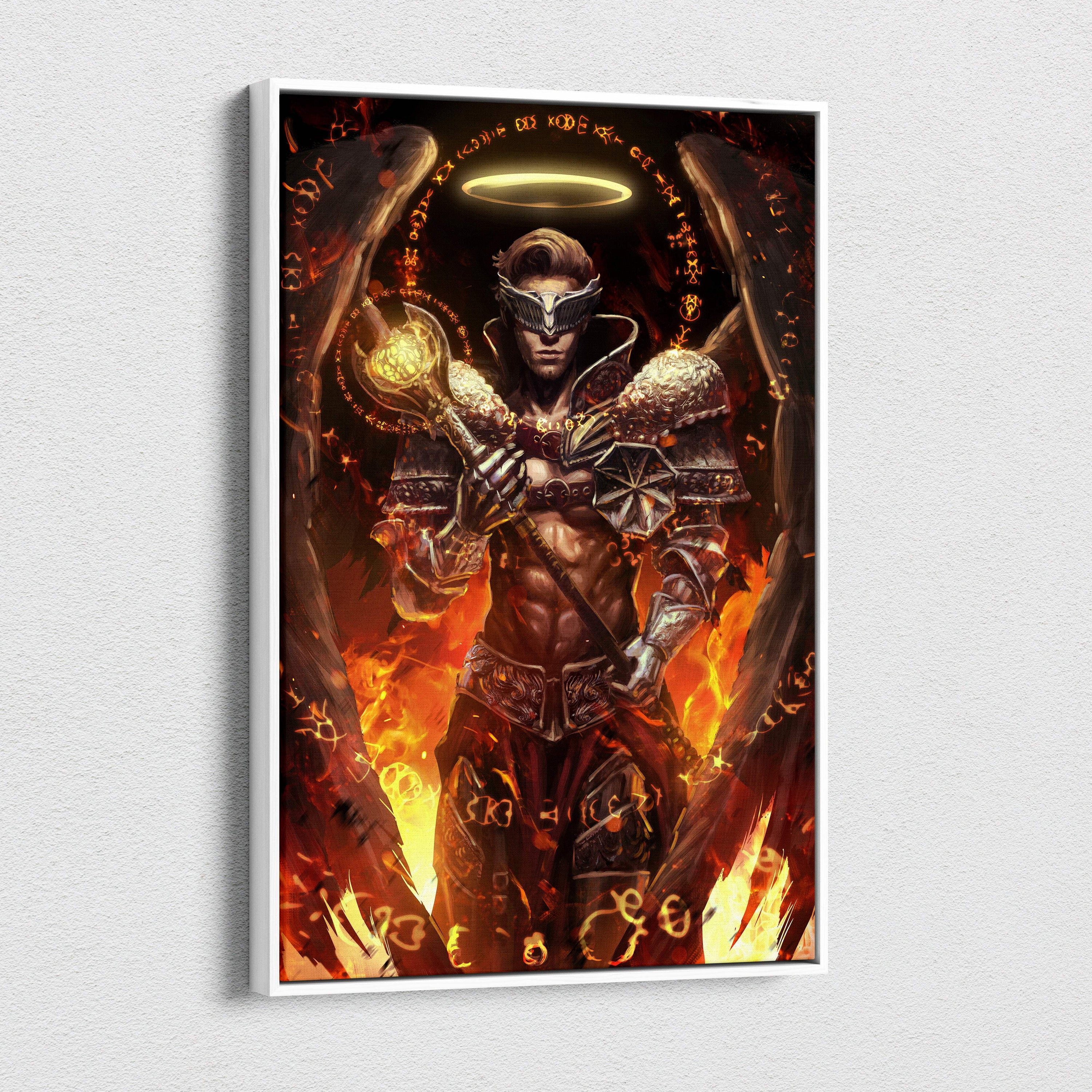 A framed canvas print of a muscular armored angel with dark wings and glowing halo in fiery red orange tones