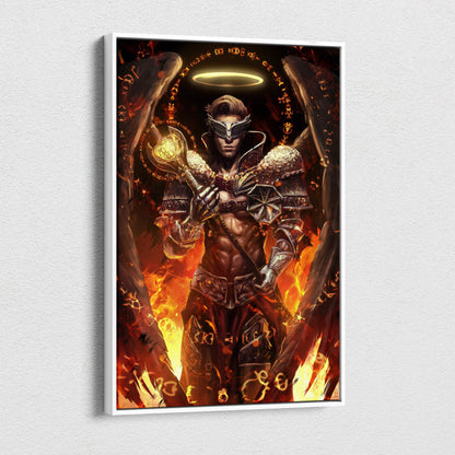 A framed canvas print of a muscular armored angel with dark wings and glowing halo in fiery red orange tones