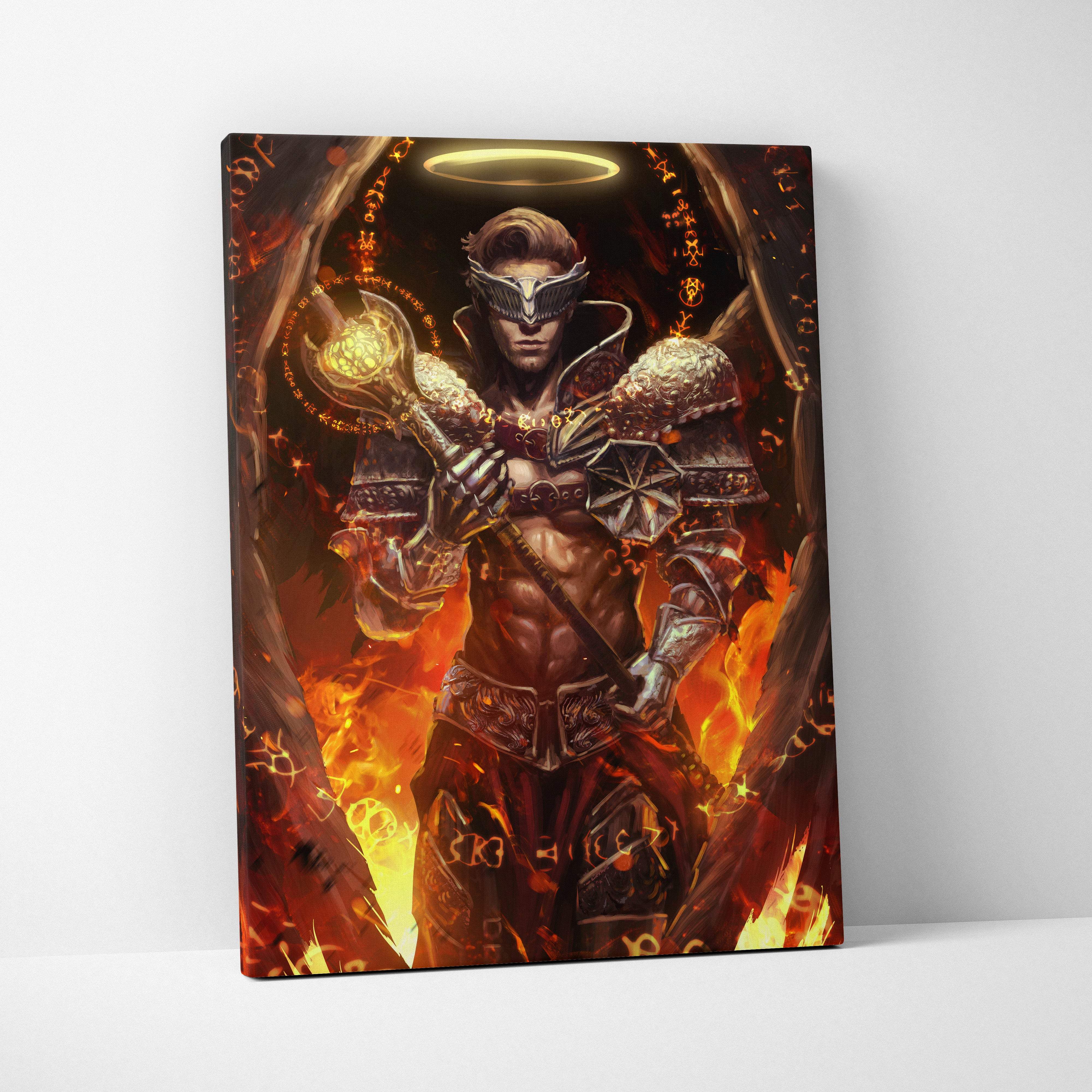 A framed canvas print of an infernal archangel warrior with golden wings halo and a rune magic staff amid fiery flames