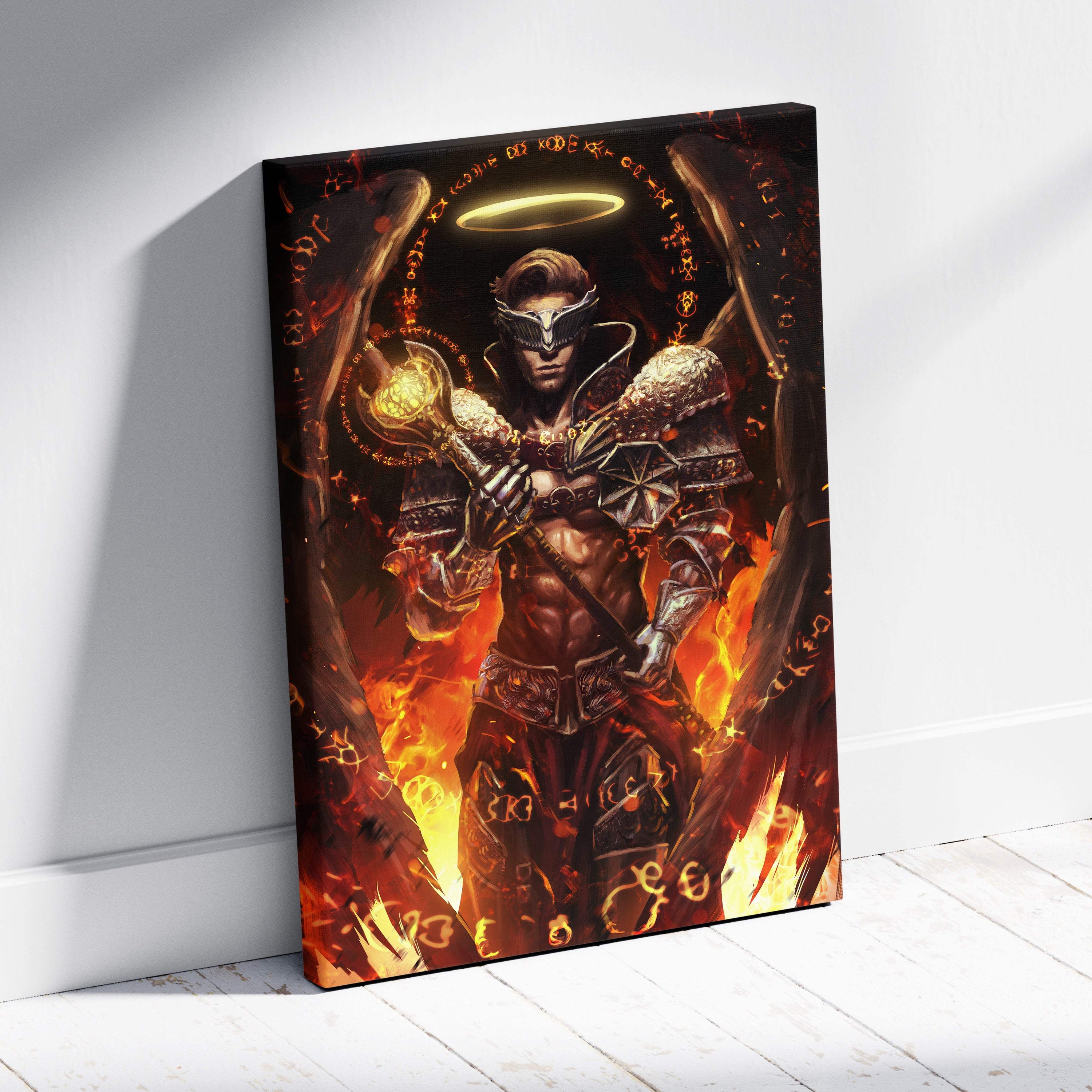 Infernal archangel warrior canvas art featuring a dark armored angel with glowing golden wings and flaming orb on fiery background