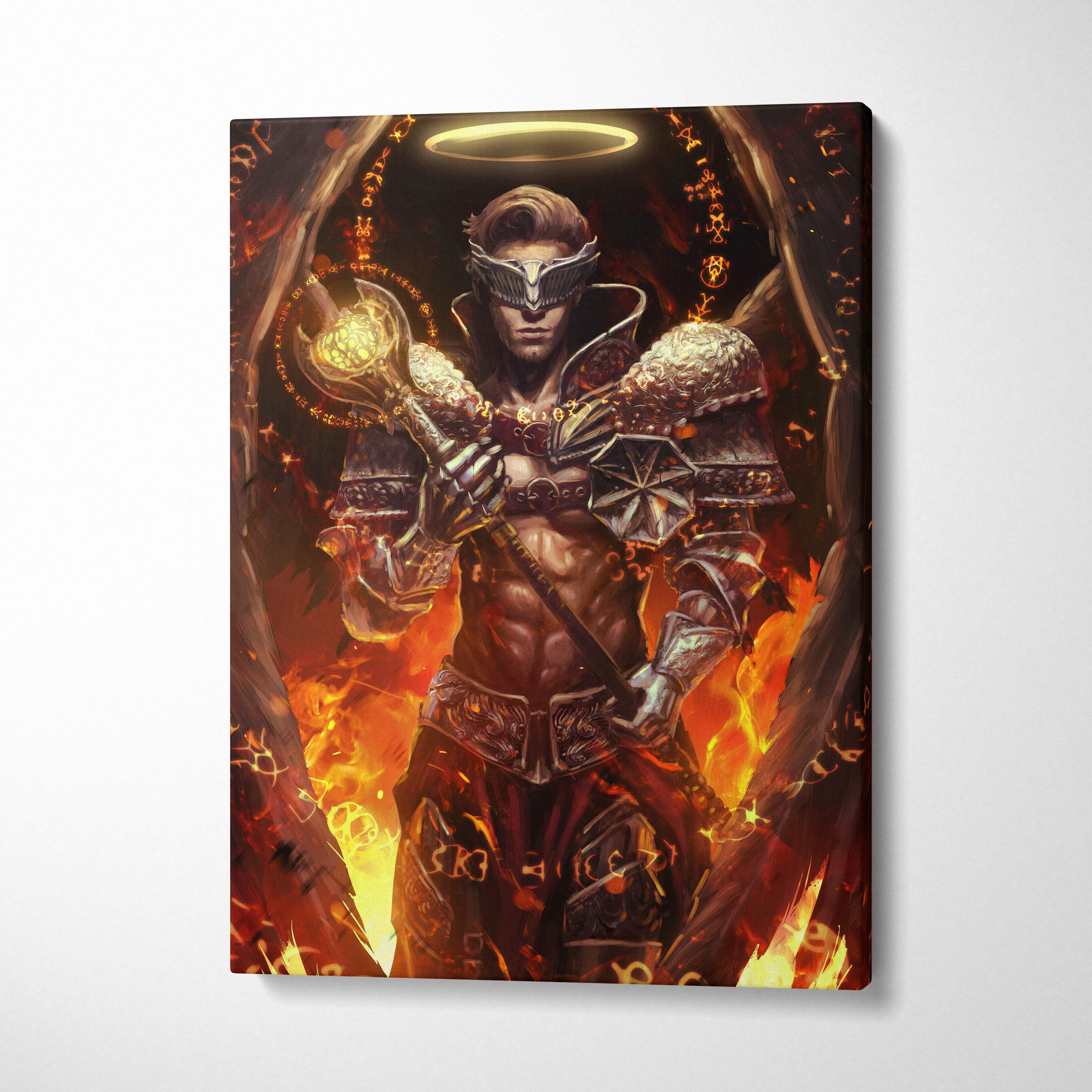A framed canvas print of a muscular armored angel with golden wings and halo holding a rune magic staff in fiery flames