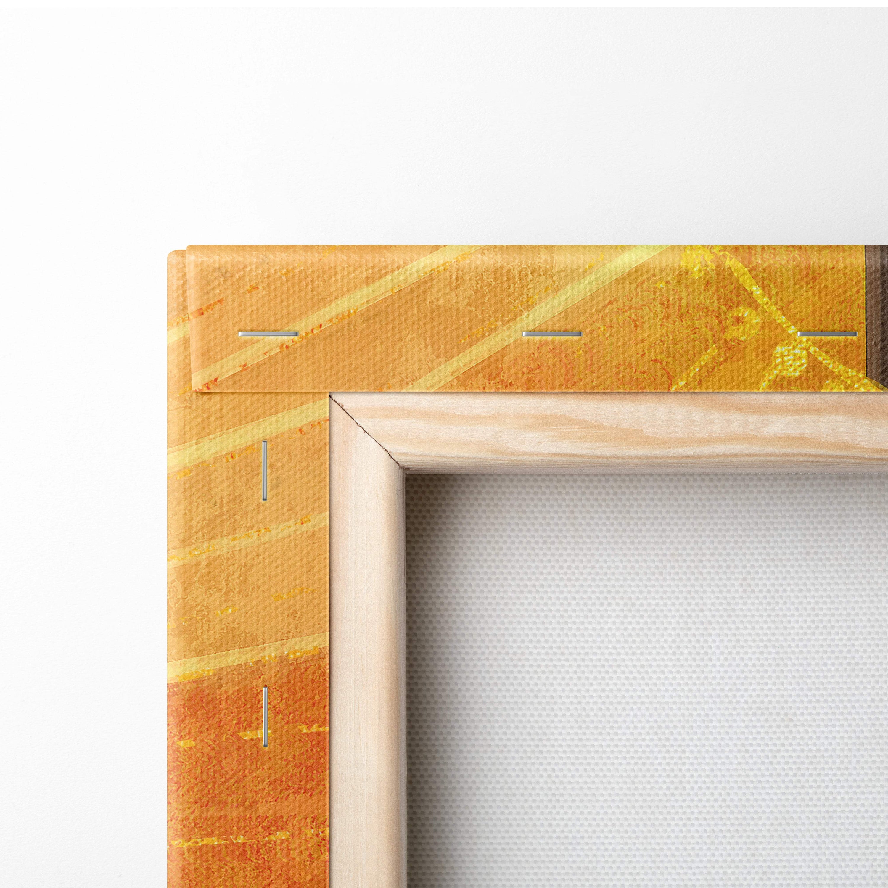 A wooden-framed canvas with a textured gradient orange and yellow abstract design for radiant angel warrior decor