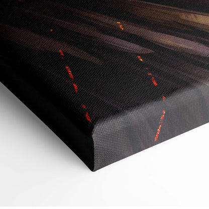 Black canvas print with abstract dark brown streaks and vibrant red orange accents golden seraph knight design