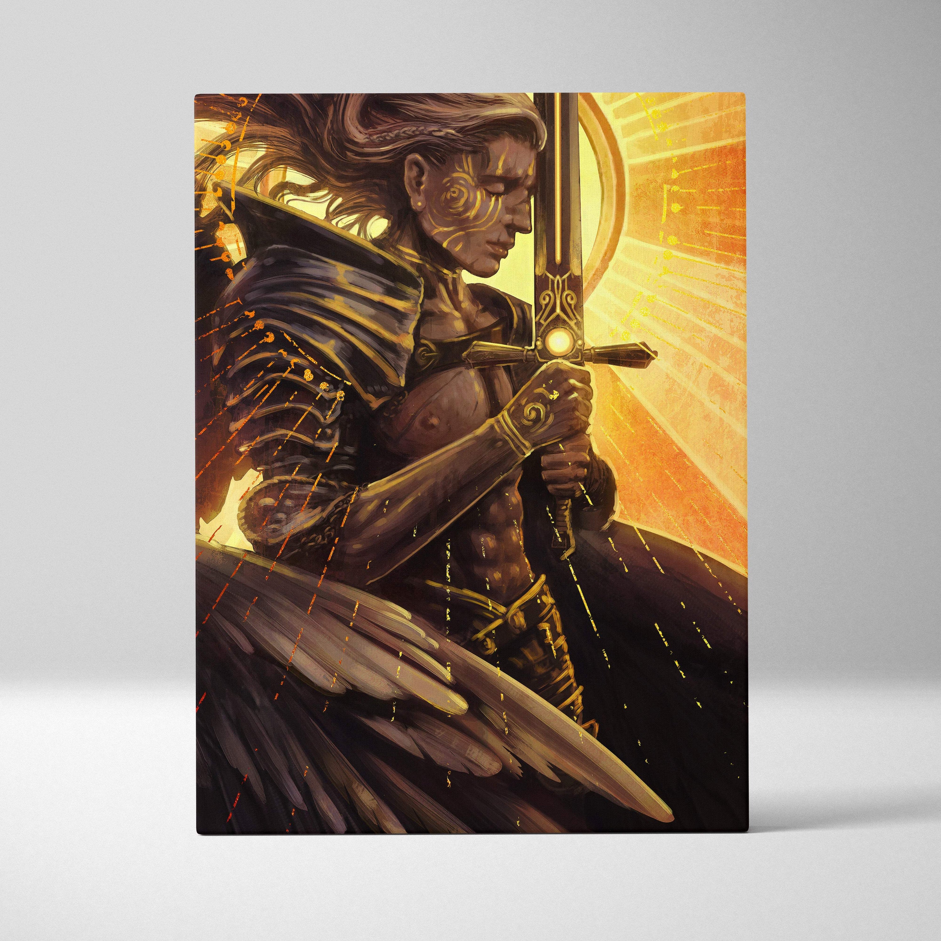 Golden seraph knight canvas art of armored angelic warrior with golden accents and dark wings on orange background