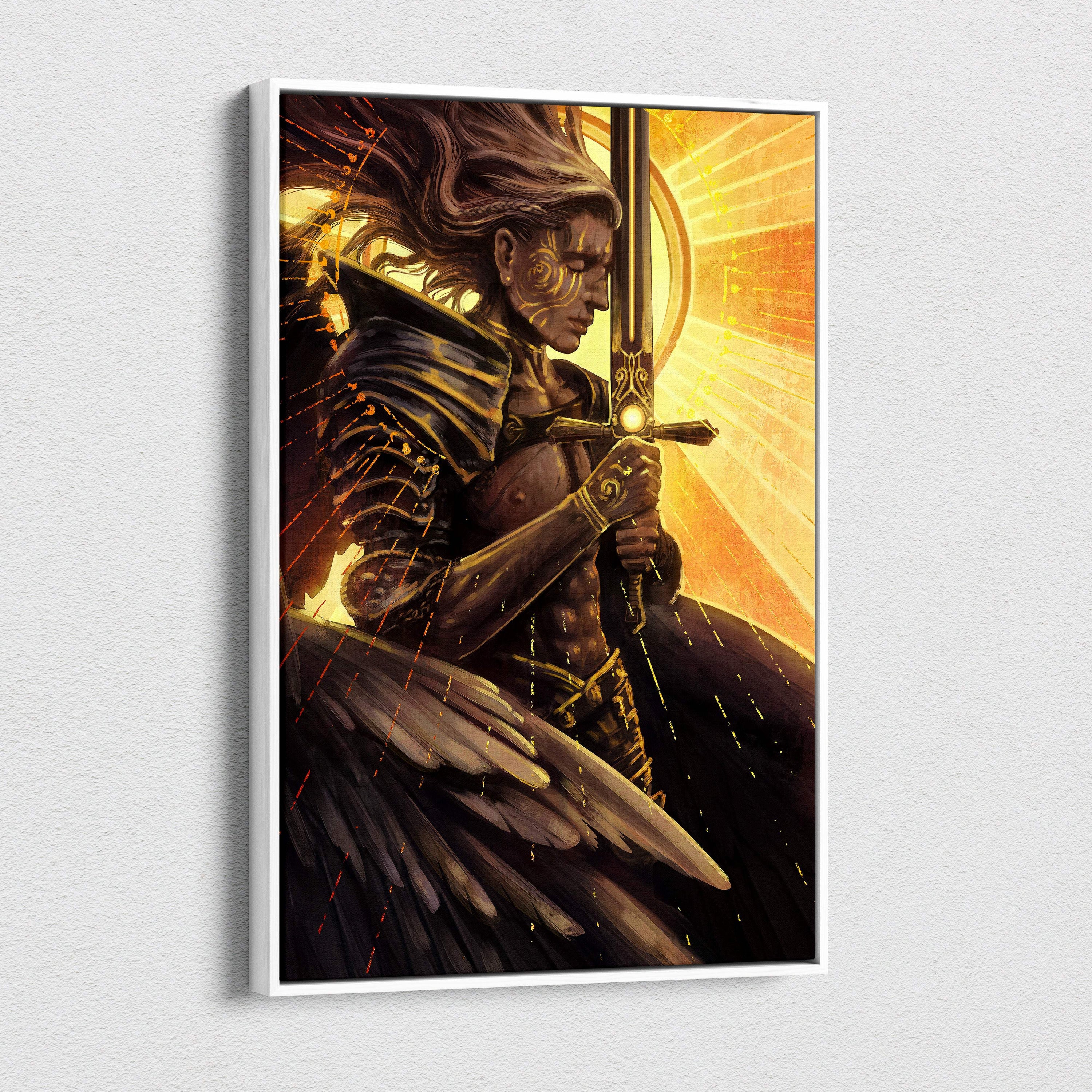A framed canvas artwork of a dark-skinned angelic warrior with golden armor and glowing sword on radiant orange background