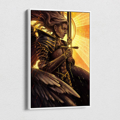 A framed canvas artwork of a dark-skinned angelic warrior with golden armor and glowing sword on radiant orange background